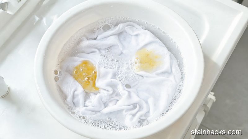 白色衣物浸泡在含有过碳酸钠的水中，气泡正在分解黄渍