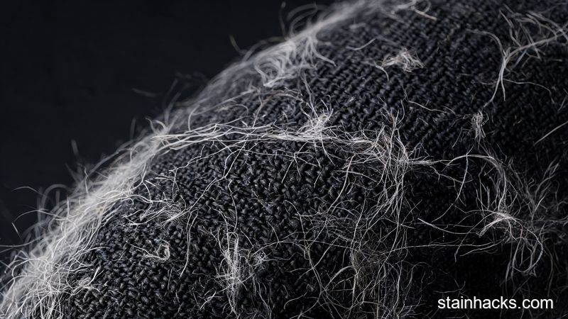 黑色衣服表面粘满宠物毛发的微距特写，衣物纤维与毛发交错
