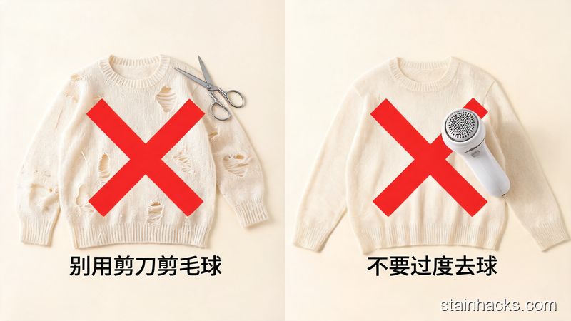 左侧是被剪刀剪破洞的羊绒衫打红叉，右侧是过度去球变薄的羊绒衫打红叉，风格清新明亮生活化，关键元素：文字标注「别用剪刀剪毛球」「不要过度去球」，避坑提示清晰