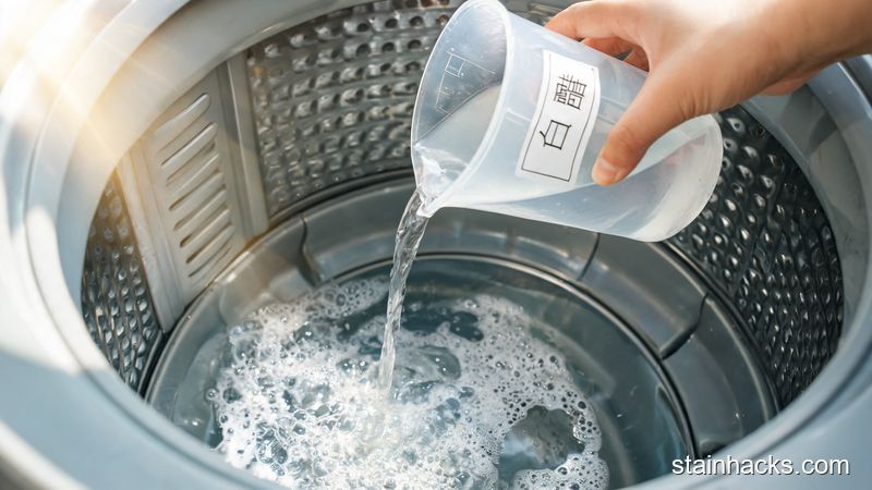 手拿量杯将白醋倒入洗衣机内筒,水面泛起细腻泡沫