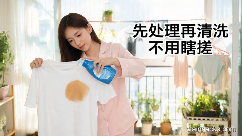 清新明亮生活化居家场景，主体是用户对着干衣服上的油渍挤洗洁精，旁边配文字标注「先处理再清洗 不用瞎搓」，风格接地气，突出简单快速零成本