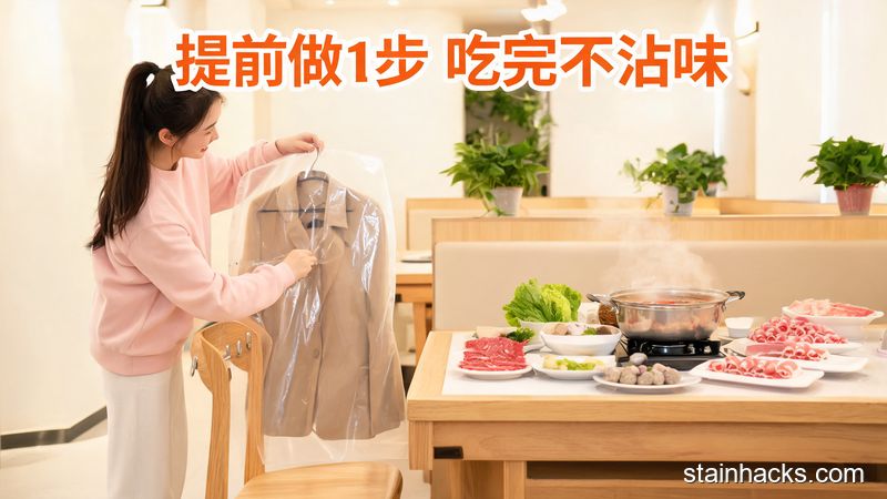 清新明亮生活化火锅店场景，女生正把外套放进防尘袋挂在餐椅靠背上，图片配文字「提前做1步 吃完不沾味」，突出轻松好操作