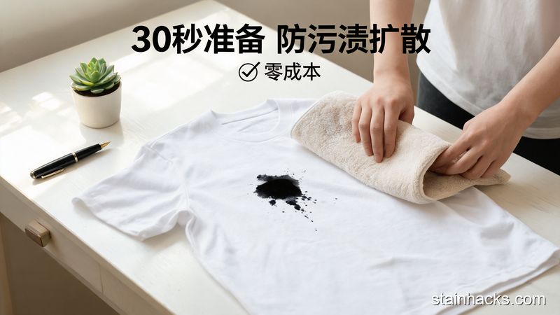 场景：家居桌面，主体动作：普通人给沾了钢笔墨水的衣物下方垫干毛巾，风格：清新明亮生活化，关键元素：标注&ldquo;30秒准备 防污渍扩散&rdquo;文字，突出简单零成本