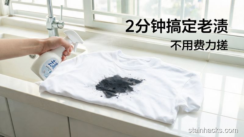 清新明亮洗衣台场景，手拿着平价衣物专业去渍剂往衣服的顽固墨水渍上喷，旁边配文字「2分钟搞定老渍 不用费力搓」，风格简洁干净，突出高效便捷