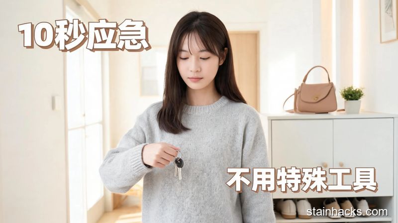 居家玄关场景,女生拿随身的钥匙摩擦起静电的毛衣,旁边放着挎包准备出门,风格清新明亮生活化,画面带有“10秒应急”“不用特殊工具”的文字标注,突出去静电速度快