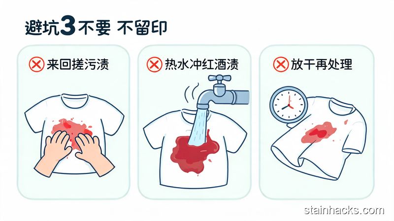 清新明亮卡通手绘风格，三个红色叉号分别对应「来回搓污渍」「热水冲红酒渍」「放干再处理」三个错误动作，角落标注文字「避坑3不要 不留印」，简单易懂