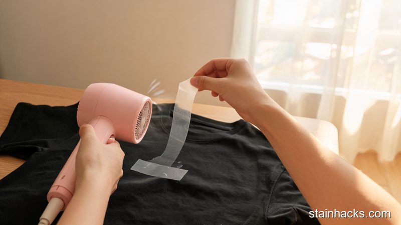 用吹风机热风对着衣服上双面胶残留加热，让胶痕变软以便剥离