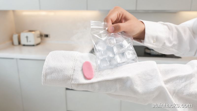 冷冻法去除衣服上的口香糖:在粘有口香糖的衣物处放置冰块,使口香糖硬化
