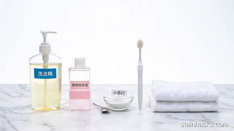 去除粉底液污渍的工具集合，包括洗洁精、卸妆水、小苏打、软毛牙刷和毛巾