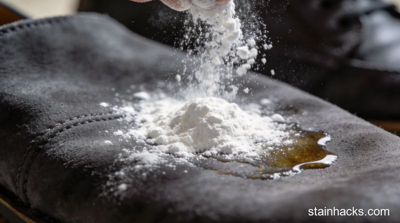 在麂皮表面撒玉米淀粉吸附油渍的微距特写镜头,展现细腻粉末覆盖油斑