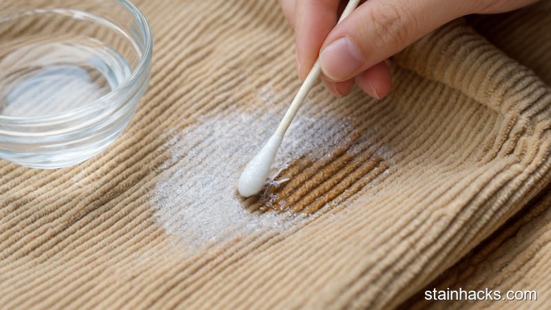 玻璃碗内混合白醋与蒸馏水,棉签点涂灯芯绒裤子发白膝盖部位