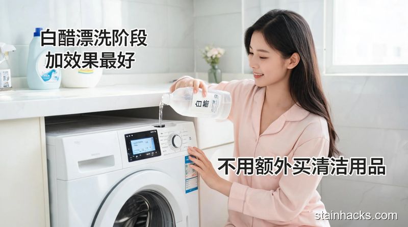 家庭明亮洗衣台,女生笑着往洗衣机漂洗模式的注水口倒白醋,旁边配醒目标注文字「白醋漂洗阶段加效果最好」「不用额外买清洁用品」,整体氛围轻松居家