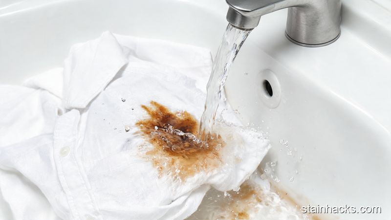 在流动的冷水下从背面冲洗白衬衫上的咖啡渍,水流将咖啡推出纤维