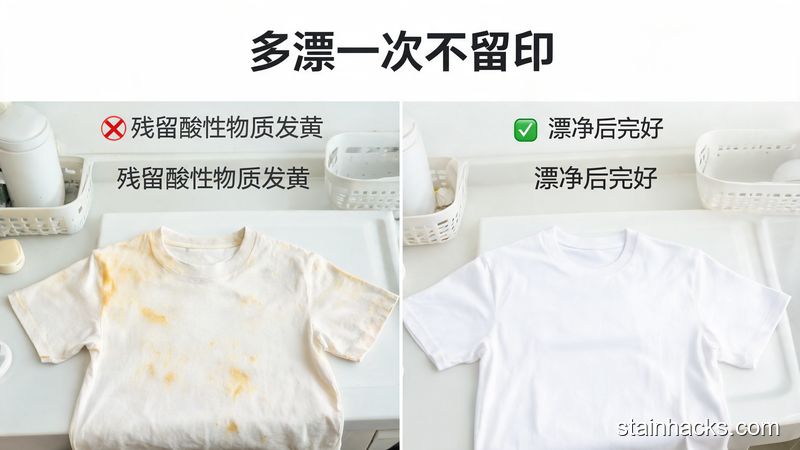 对比展示图，左侧是残留酸性物质发黄的衣服，右侧是漂净后完好的衣服，风格：清新明亮生活化，关键元素：标注文字「多漂一次不留印」，醒目易懂