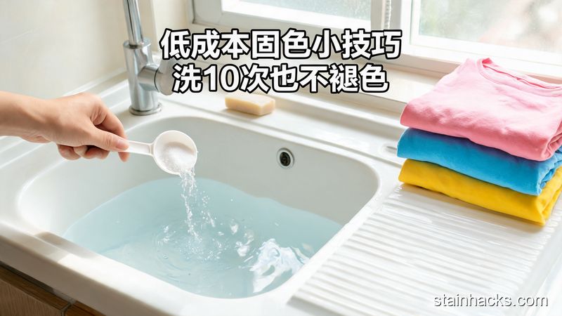 居家洗衣台场景，普通人往漂洗的冷水里加半勺食盐，旁边放着洗好的鲜亮彩色T恤，风格清新明亮生活化，配醒目标注文字&ldquo;低成本固色小技巧 洗10次也不褪色&rdquo;