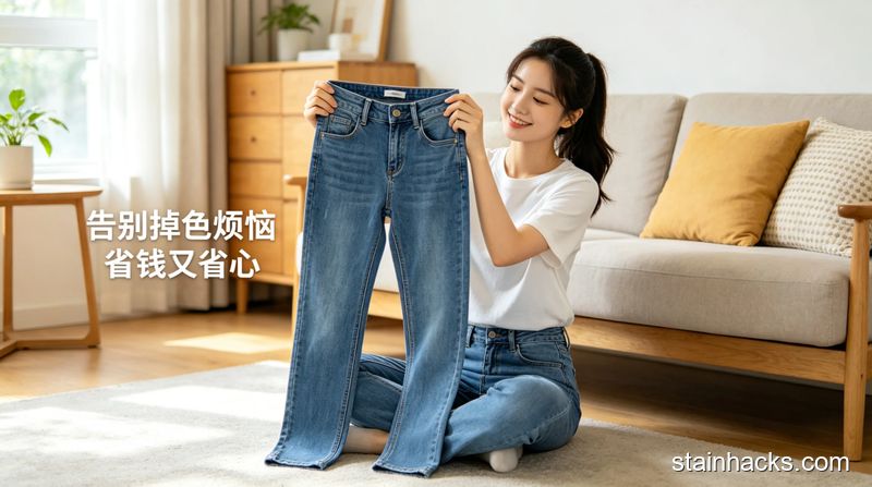 清新明亮生活化风格,卫生间洗手台场景,台上放着新买的牛仔裤、食用盐、塑料水盆,文字标注“30分钟盐水泡洗 零成本防掉色”,突出简单易操作
