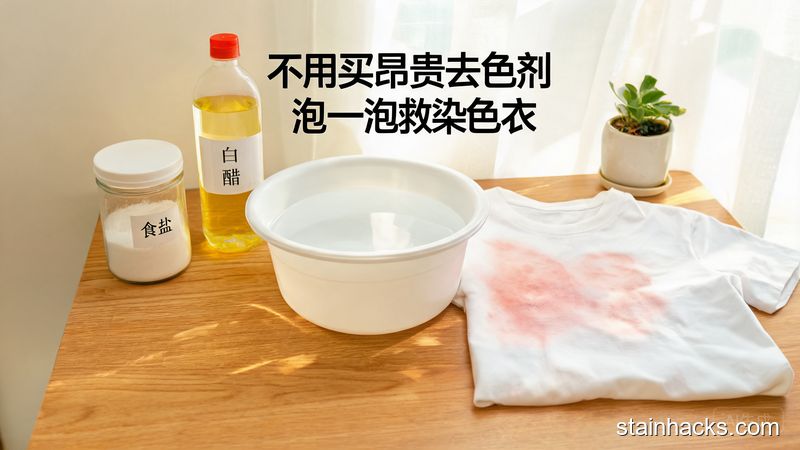 清新明亮生活化居家场景，桌面摆放食盐、白醋、装温水的塑料盆，旁边放一件轻微串色的短袖，配文字&ldquo;不用买昂贵去色剂 泡一泡救染色衣&rdquo;，风格温馨接地气，突出简单低成本