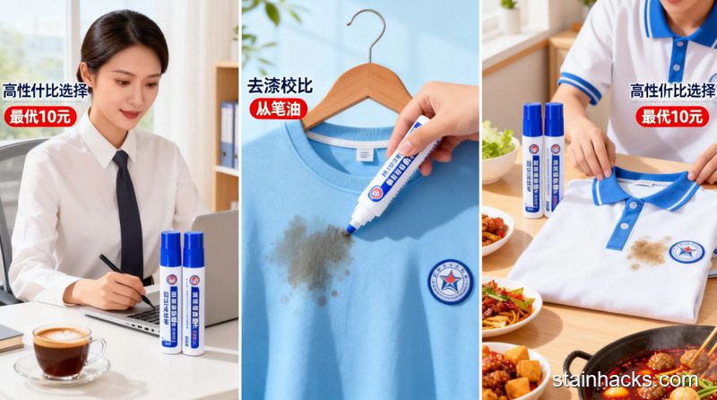 场景：3个生活化场景拼接：通勤白领擦衣服咖啡渍、学生擦校服笔油、吃货擦衣服火锅油，风格清新明亮生活化，每个场景旁放对应推荐的高性价比去渍笔，关键元素：标注文字「高性价比选择 最低10元」，突出低成本、方便