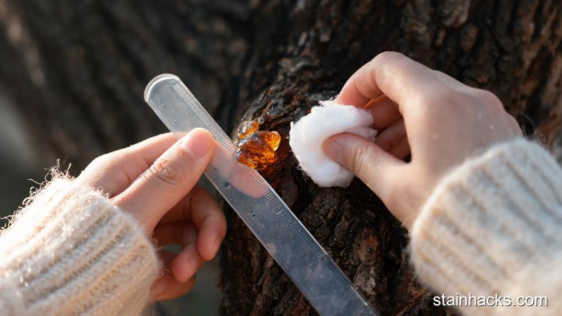 用手小心刮除冷冻后的树胶,再用酒精棉球擦拭残留痕迹