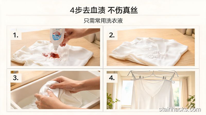 家用洗衣台，四格拼接图：1.手给真丝血渍处涂洗衣液 2.衣服静置放着 3.手轻轻揉捏真丝衣服 4.衣服挂在通风处，温暖明亮居家风，顶部标注文字「4步去血渍 不伤真丝」「只需常用洗衣液」，画面简单无复杂物品