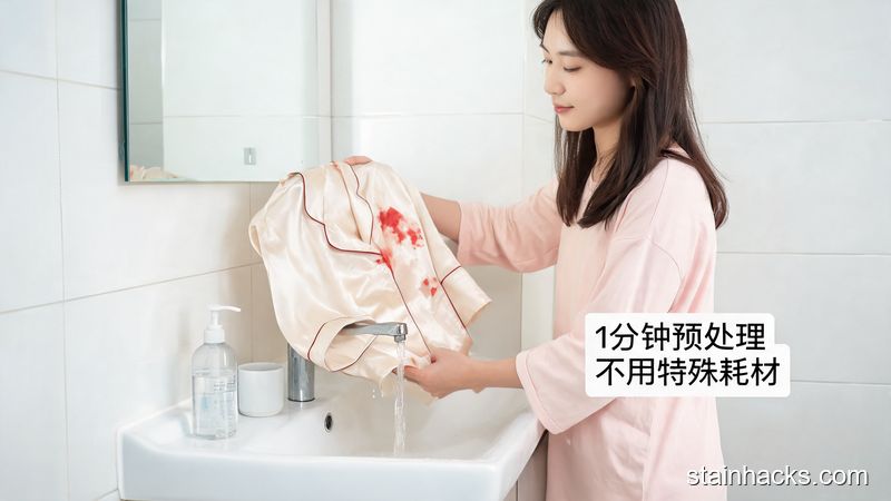 家用卫生间洗手台，女生手拿沾有少量血迹的真丝睡衣放在冷水龙头下冲洗，清新明亮生活化，角落标注文字「1分钟预处理 不用特殊耗材」，整体氛围轻松随意
