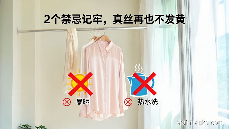 清新明亮生活化场景,洗好的真丝衣物挂在通风阴凉的角落,旁边配有划叉的太阳图标、热水图标,配文字「2个禁忌记牢,真丝再也不发黄」,突出好记无难度