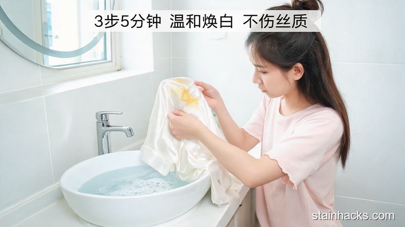 清新明亮居家卫生间场景,女生站在洗手台前轻轻捏洗真丝衣服的发黄部位,洗手盆里是加了中性洗衣液的常温水,配文字标注「3步5分钟 温和焕白 不伤丝质」,画面突出操作简单无需特殊工具