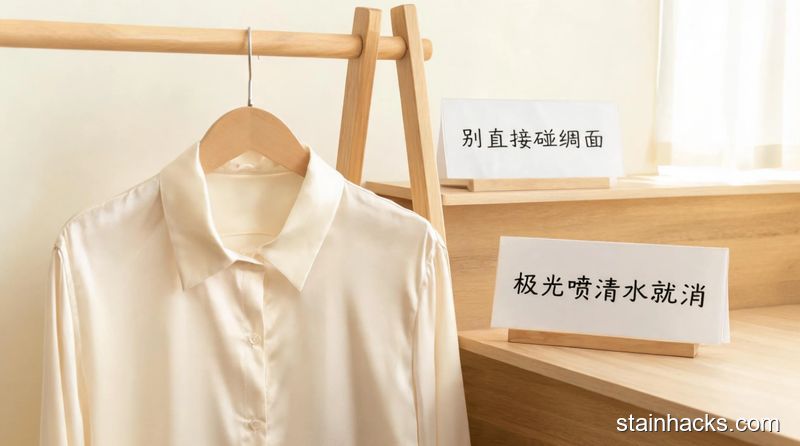 清新明亮生活化场景，熨好的平整真丝衬衫挂在衣架上，旁边立两个小提示牌，分别写着「别直接碰绸面」「极光喷清水就消」，突出零成本避坑