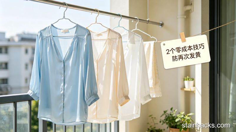 清新明亮阳台阴凉处场景,洗干净的真丝衣服挂在通风处晾干,旁边贴小标签标注「2个零成本技巧 防再次发黄」,画面温馨生活化,突出低成本易操作