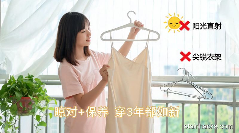清新明亮生活化场景，通风阴凉的阳台边，年轻女生把真丝睡衣挂在无痕衣架上，旁边标注红叉的太阳、尖锐金属衣架，画面配文字标注\