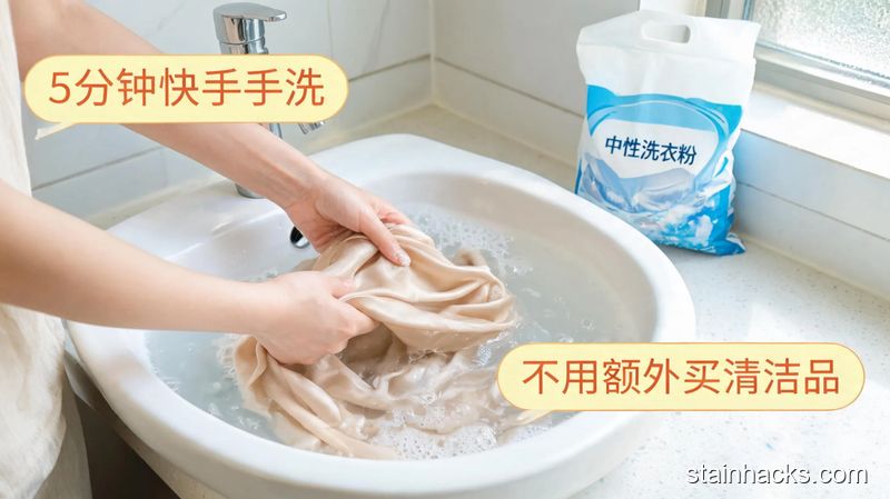 居家卫生间洗手台场景，女生双手轻轻揉搓泡在温水中的真丝围巾，旁边摆放普通家用中性洗衣粉，清新明亮生活化风格，画面标注「5分钟快手手洗」「不用额外买清洁品」文字，突出简单好操作