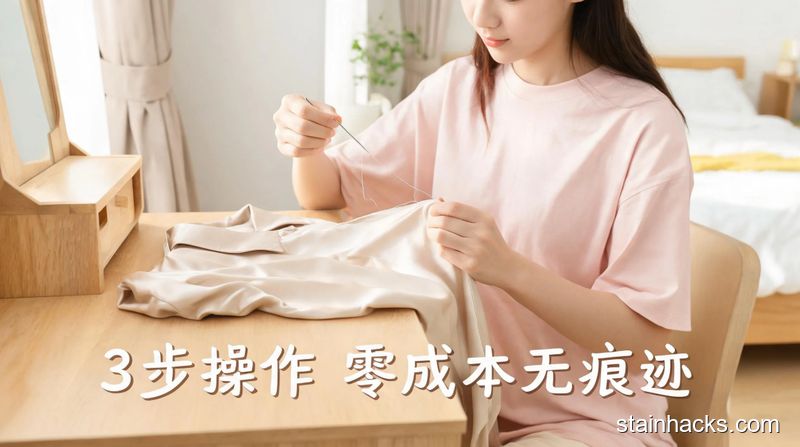 清新明亮生活化场景，女生坐在梳妆台旁，用普通家用缝衣针把真丝衣服勾出的丝轻轻挑到反面，桌面无复杂工具，画面标注文字&ldquo;3步操作 零成本无痕迹&rdquo;，风格轻松居家