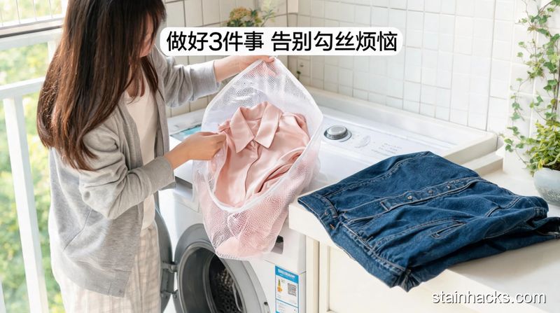 清新明亮生活化场景，女生站在家用洗衣机旁，把真丝衣服放进细密洗衣袋中，旁边放着粗硬的牛仔外套做对比，画面标注文字&ldquo;做好3件事 告别勾丝烦恼&rdquo;，风格实用接地气