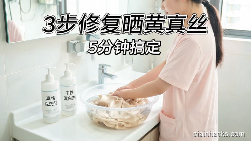 清新明亮生活化场景,洗手台边放着冷水盆、真丝洗涤剂、中性漂白剂,女生正在轻揉真丝衣物,配文字「3步修复晒黄真丝,5分钟搞定」,突出快手易操作