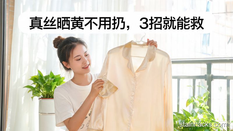 清新明亮生活化场景,女生拿着轻微发黄的真丝衬衫面露轻松,旁边配文字「真丝晒黄不用扔,3招就能救」,突出简单低成本无负担