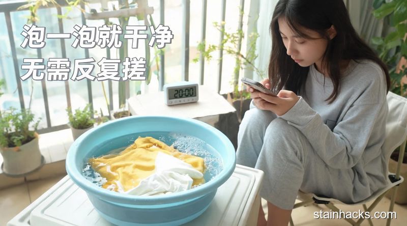 清新明亮生活化场景,发黄白衣服泡在加了小苏打的水盆里,旁边放着计时器显示20分钟,女生坐在旁边刷手机不用看管,配文字「泡一泡就干净 无需反复搓」,突出省时省力