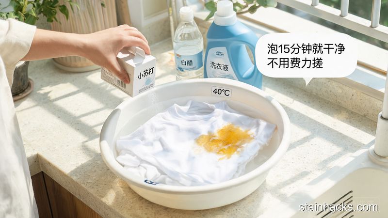 清新明亮生活化场景，人往40度温水盆里加小苏打、白醋、洗衣液搅匀，放入带油渍的白T恤，旁边配文字&ldquo;泡15分钟就干净 不用费力搓&rdquo;，动作简单快手