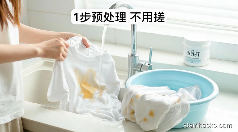 清新明亮生活化场景,女生随手把发黄白T恤放在水龙头下冲30秒,不用拧干放在盆边,角落摆着家用小苏打罐子,配文字「1步预处理 不用搓」,整体风格简单快手,突出低成本