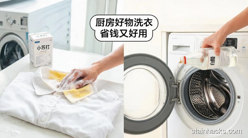 场景：家用洗衣机旁场景，主体：左边展示用小苏打搓洗衬衫领口黄渍的动作，右边展示往洗衣机里倒白醋的动作，风格：清新明亮生活化，关键元素：画面加文字标注「厨房好物洗衣 省钱又好用」，突出低成本方便操作