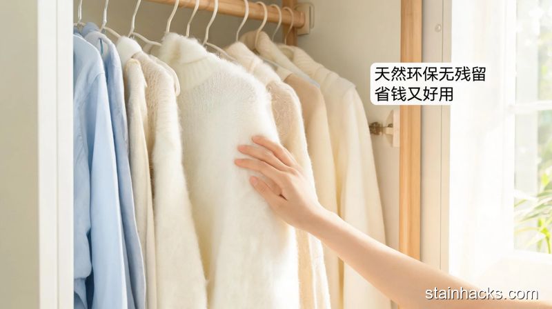清新明亮生活化风格,居家衣柜场景,手轻轻抚摸洗好的柔软蓬松的衣物,旁边配文字标注「天然环保无残留 省钱又好用」,突出使用效果好