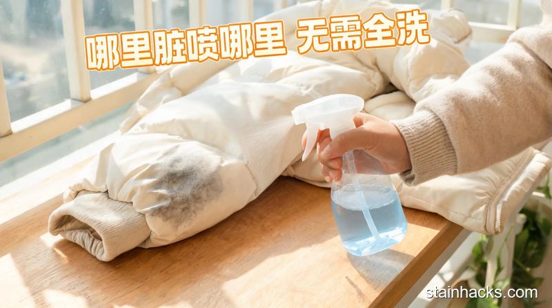 清新明亮居家场景，人手拿喷壶对着羽绒服袖口的脏污处喷洒，旁边放着待清洁的羽绒服，画面配文字：哪里脏喷哪里 无需全洗，风格温暖接地气，突出方便