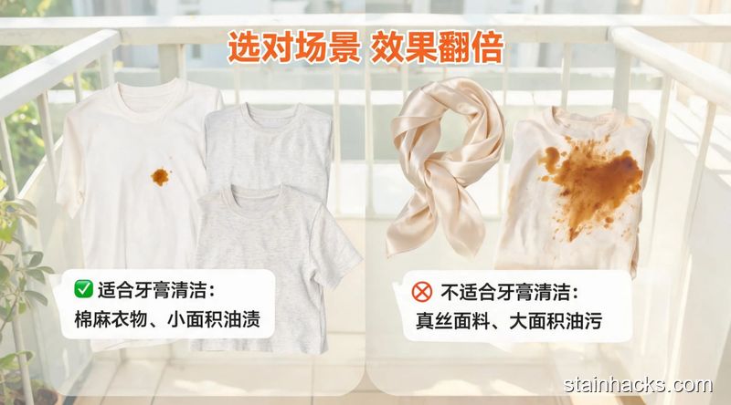 清新明亮生活化场景，左侧摆放适合用牙膏清洁的棉麻T恤、小面积油渍衣物，右侧摆放不适合的真丝围巾、大面积油污衣物，中间配文字标注&ldquo;选对场景 效果翻倍&rdquo;，画面简单易懂