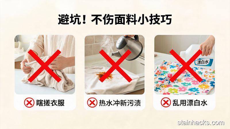 清新明亮生活化场景，用显眼红叉标注出瞎搓衣服、用热水冲新污渍、乱用漂白水三个错误操作，旁边配文字标注「避坑！不伤面料小技巧」，风格直白易懂