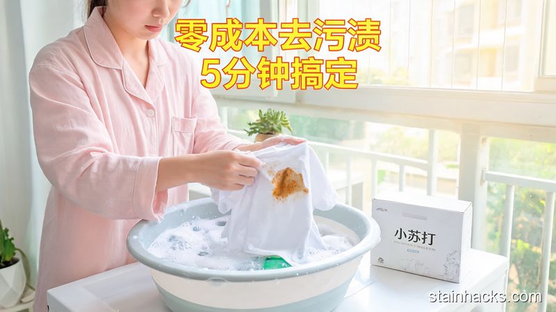 清新明亮生活化场景,普通人用洗洁精搓洗衣服上的油污,旁边放着小苏打盒,标注\
