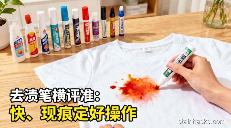 场景：居家桌面摆放多款平价热门去渍笔，旁边放着溅了红油的白T恤，风格清新明亮生活化，主体动作：博主手持去渍笔准备测试，关键元素：标注文字「去渍笔横评标准：快、不留痕、好操作」，突出简单、快手、无需贵价产品