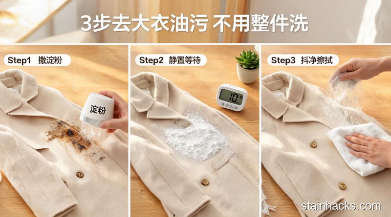 场景：居家桌面清洁场景，主体：分三小格分步展示用淀粉去大衣油污的动作：左格是往污渍处撒淀粉、中格是静置等待的状态、右格是抖掉淀粉擦干净的动作，风格：清新明亮生活化，关键元素：画面加文字标注「3步去大衣油污 不用整件洗」，突出操作简单无难度