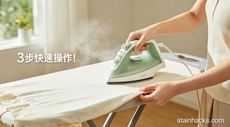 居家熨衣台场景,普通人一只手拿蒸汽熨斗距离床单2cm喷蒸汽,另一只手轻轻拉扯床单边缘的动作,配有文字「3步快速操作」,风格清新明亮生活化,关键元素:易上手、无复杂步骤