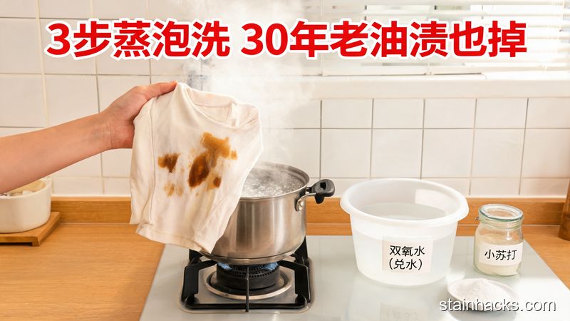 清新明亮厨房小场景，人手正把带油渍的衣服举在开水锅上方蒸，旁边摆着装了兑好水的双氧水的盆、小苏打粉，画面标注文字「3步蒸泡洗 30年老油渍也掉」，生活化，突出零难度操作