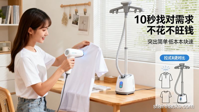 清新明亮生活化场景，出租屋小书桌旁，女生拿起小巧手持挂烫机快速熨皱T恤，旁边摆放立式挂烫机对比示意图，配文字标注「10秒找对需求」「不花冤枉钱」，突出简单、低成本、快速的特点