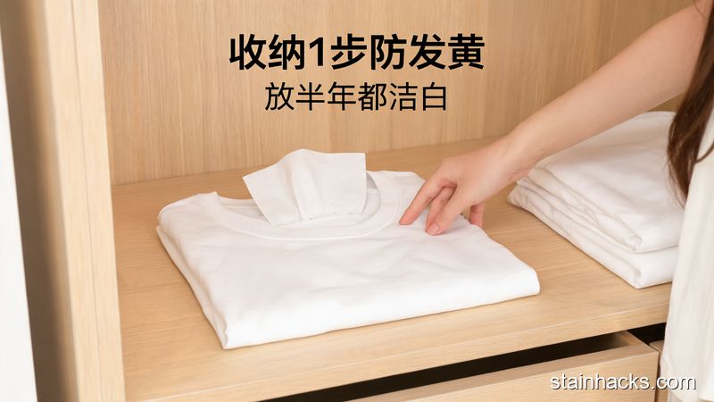 卧室衣柜场景，女生把洗干净的白T恤叠好，在领口位置放一张干净抽纸，旁边是整洁的衣柜层板，风格清新明亮生活化，画面上有「收纳1步防发黄」「放半年都洁白」的文字标注，突出低成本无负担